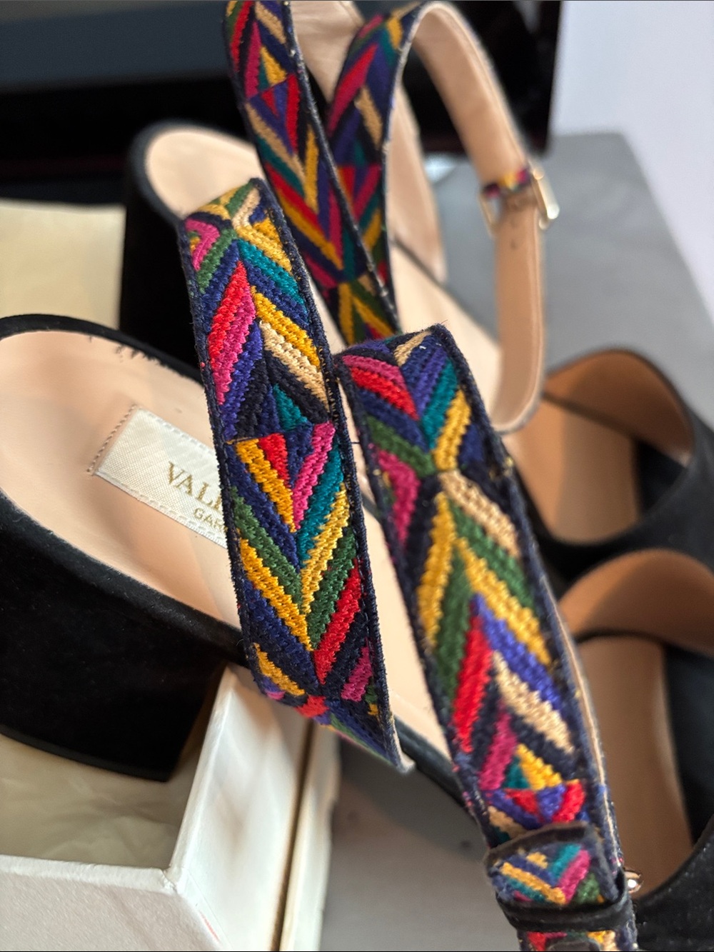 Black Suede Slingback Heels with Colorful Embroidered Strap - Picture 2 of 10